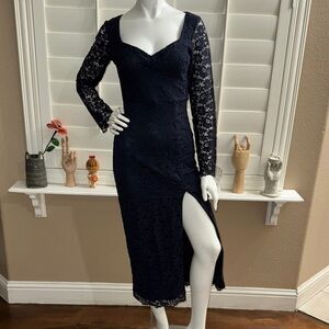 Zara Ruched V Neck Lace Midi Dress